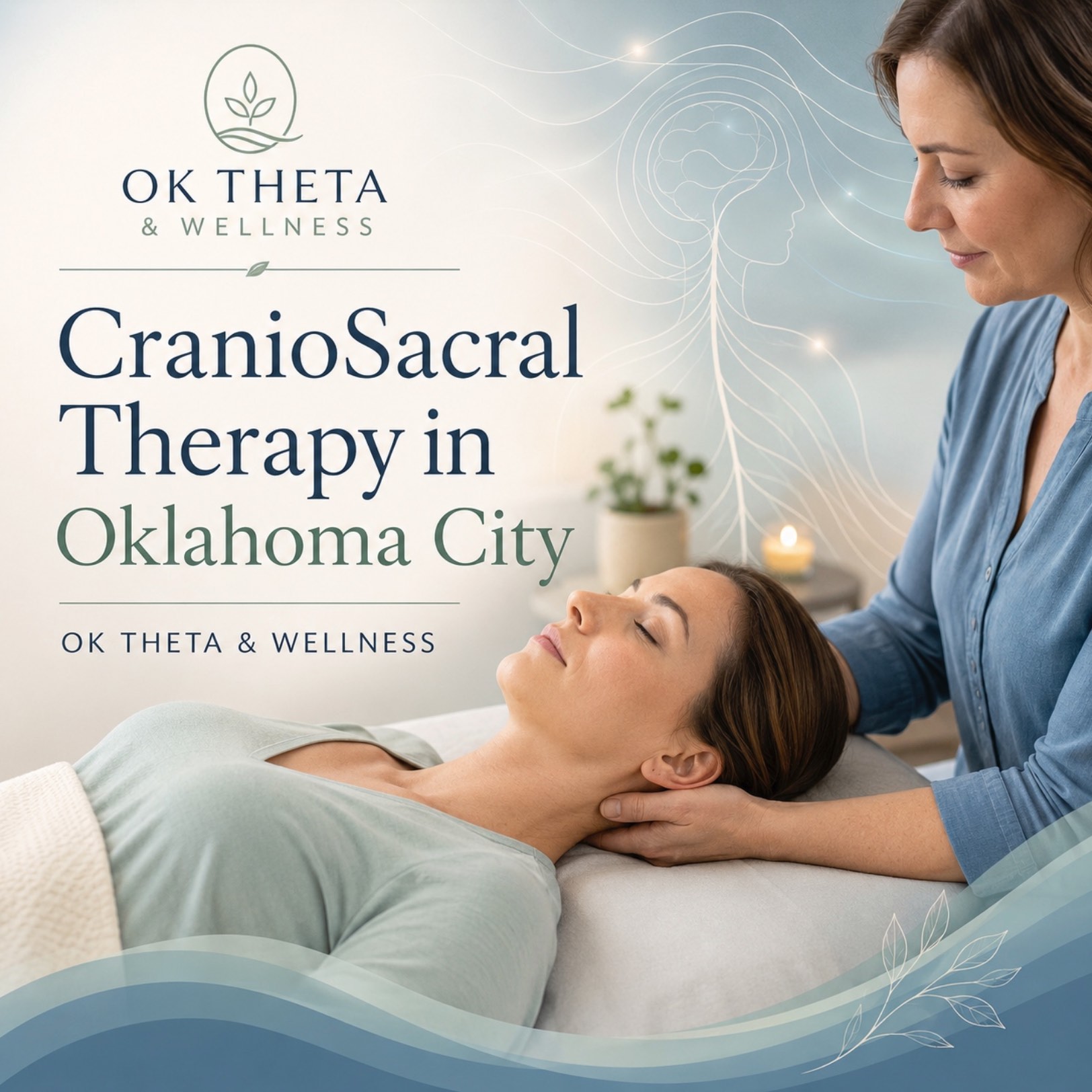 Branded OK Theta & Wellness image showing a client receiving gentle CranioSacral Therapy with head and neck support in a calm wellness setting.