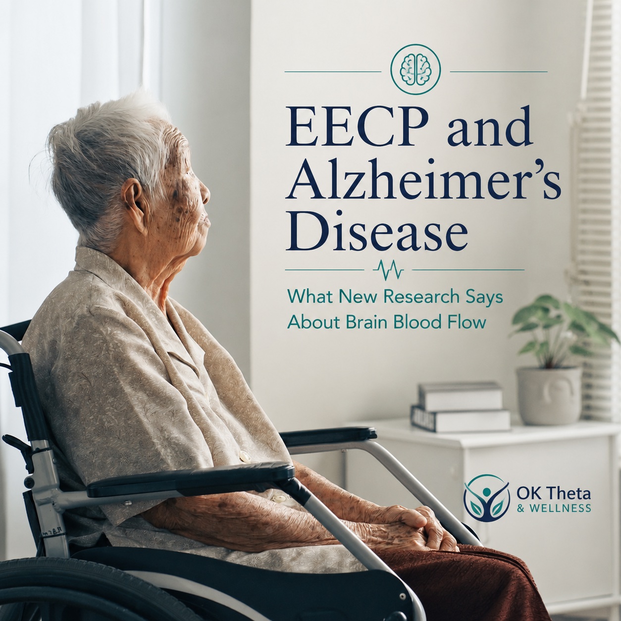 EECP and Alzheimer’s Disease Research Older woman seated by a window with title about EECP, Alzheimer’s disease, and new brain blood flow research
