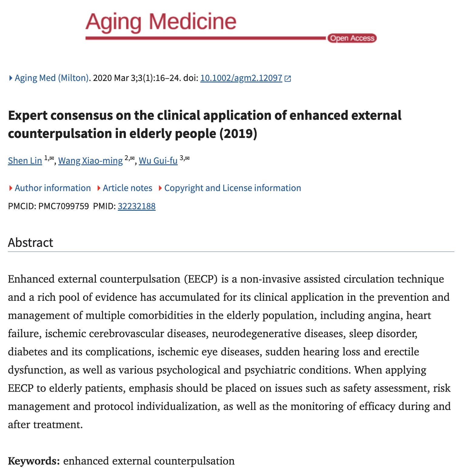 EECP Expert Consensus Aging Medicine Paper Screenshot of Aging Medicine expert consensus paper on enhanced external counterpulsation in elderly people