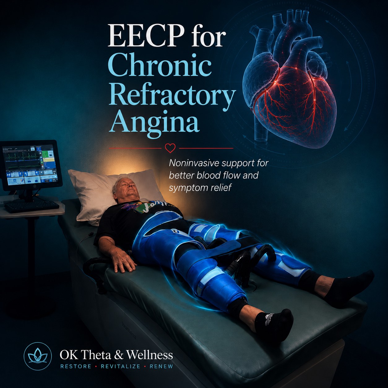 EECP for Chronic Refractory Angina Branded OK Theta & Wellness image showing a patient receiving EECP therapy for chronic refractory angina with blue compression cuffs, a treatment monitor, and a heart illustration.