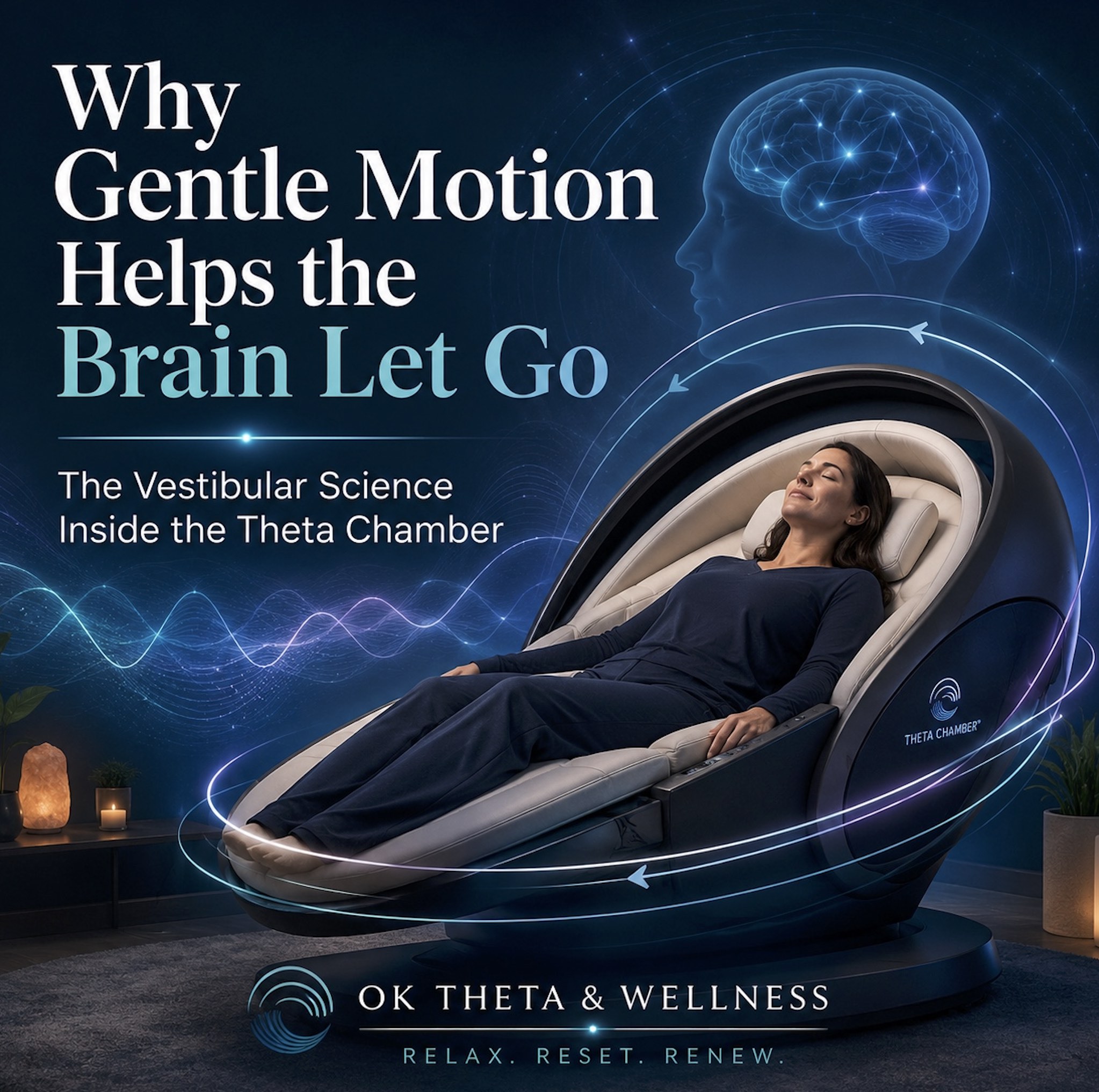 Why Gentle Motion Helps the Brain Let Go Theta Chamber article graphic explaining how gentle vestibular motion may help the brain relax and settle into a calmer state.