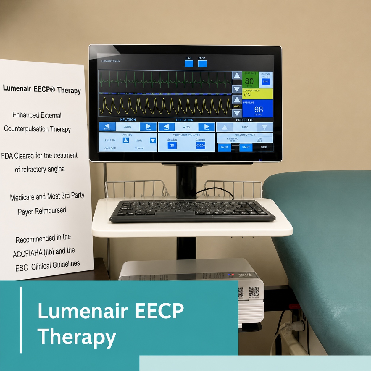 Lumenair EECP Therapy Device Oklahoma City Lumenair EECP therapy device and treatment table at OK Theta and Wellness in Oklahoma City