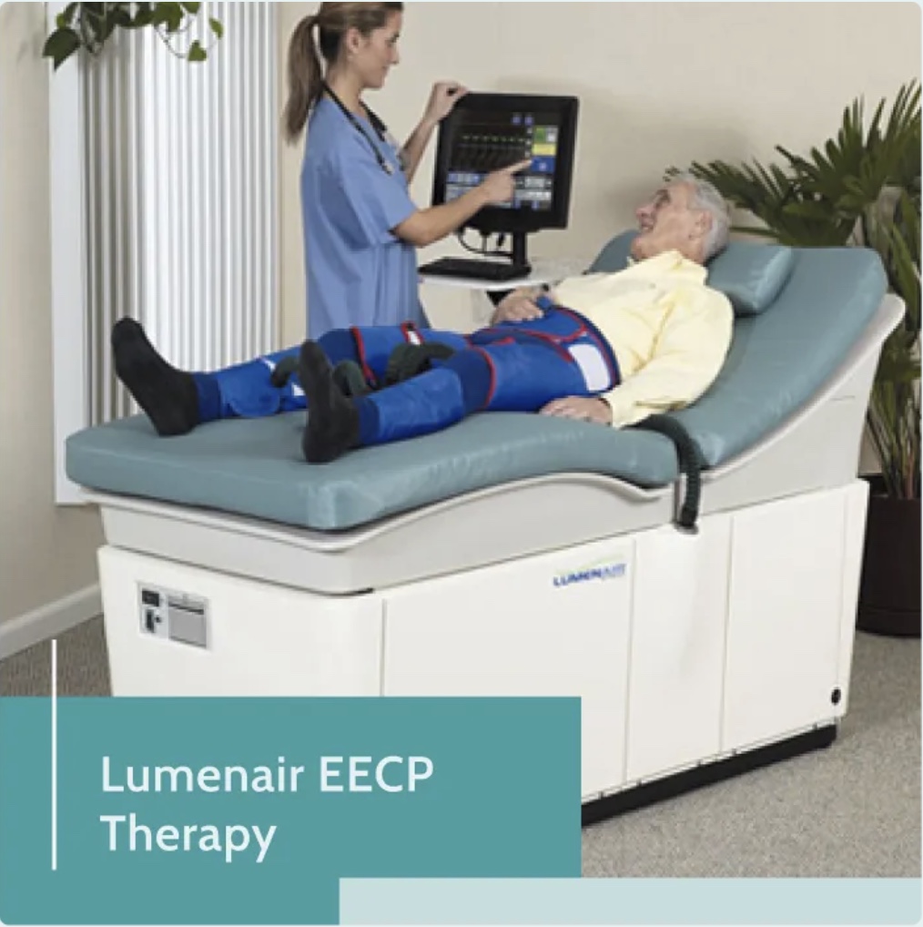 Lumenair EECP Therapy Session Oklahoma City Patient receiving Lumenair EECP therapy with leg cuffs during an external counterpulsation session