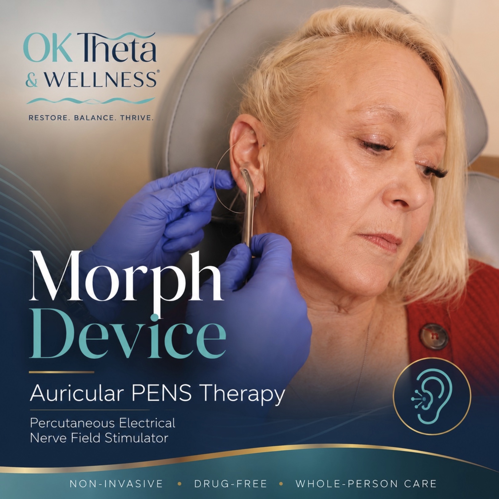 Morph Device Oklahoma City Auricular PENS Therapy Woman receiving Morph Device auricular PENS therapy at OK Theta and Wellness in Oklahoma City