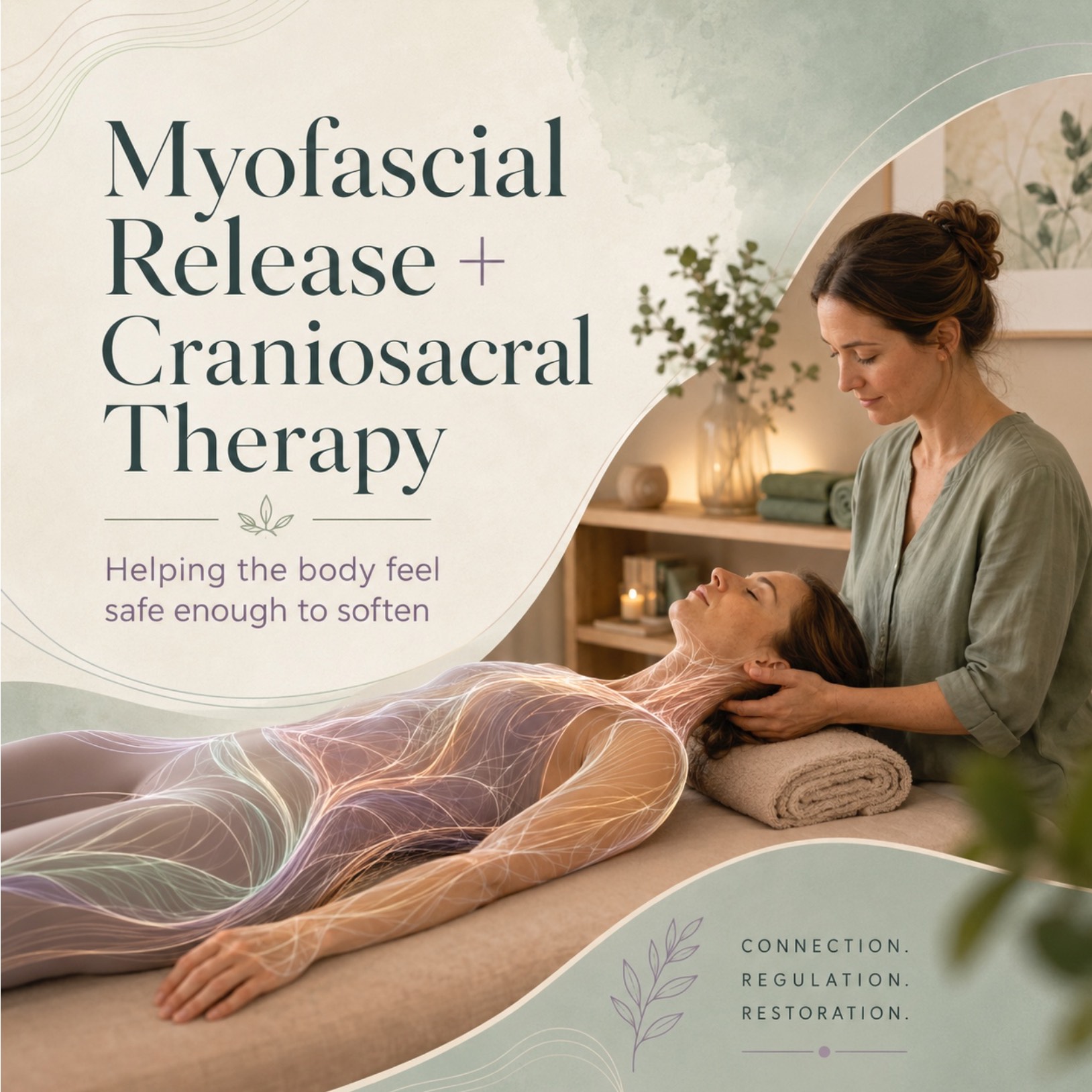 Branded image for Myofascial Release and CranioSacral Therapy showing a client receiving gentle head and neck bodywork with soft fascia-inspired line art.