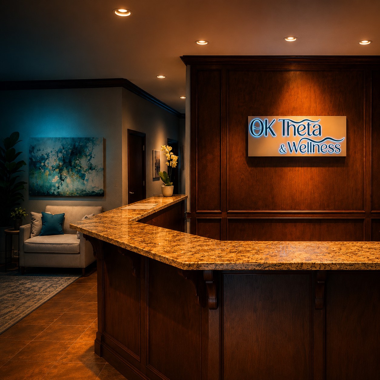 OK Theta & Wellness Lobby Final CTA Warm reception area at OK Theta & Wellness in Oklahoma City with illuminated lobby sign and subtle teal and navy lighting
