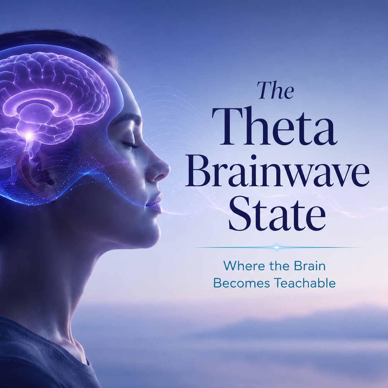 The Theta Brainwave State Woman in a calm meditative state with a glowing brain illustration and flowing theta brainwave pattern